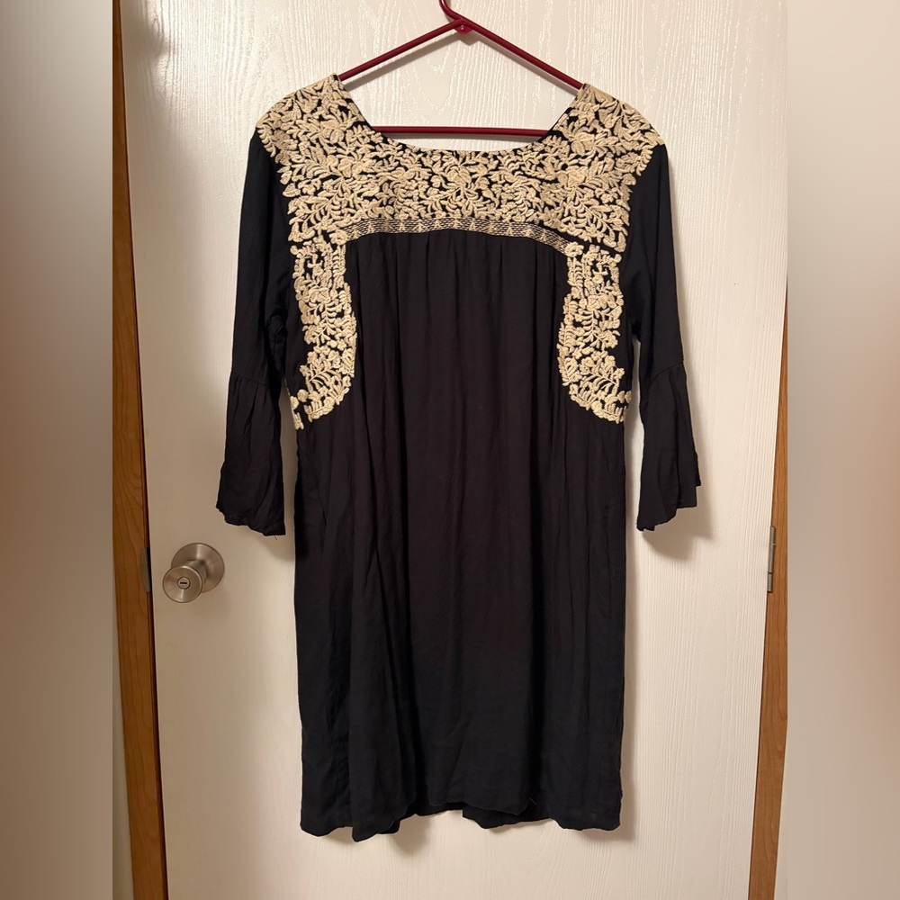 J. Marie Black Embroidered Linen Blend Tunic Dress with Cream Floral Yoke Large - Picture 9 of 11